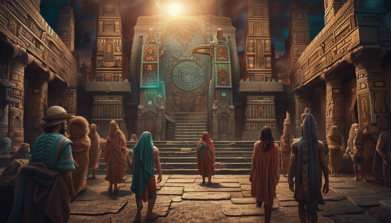 Surreal Jesus in Aztec Temple, Richly Detailed Filmic Folk A...