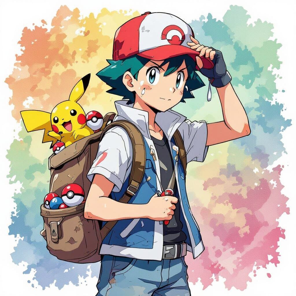 Pokemon Trainer N in Expressive Watercolor Style