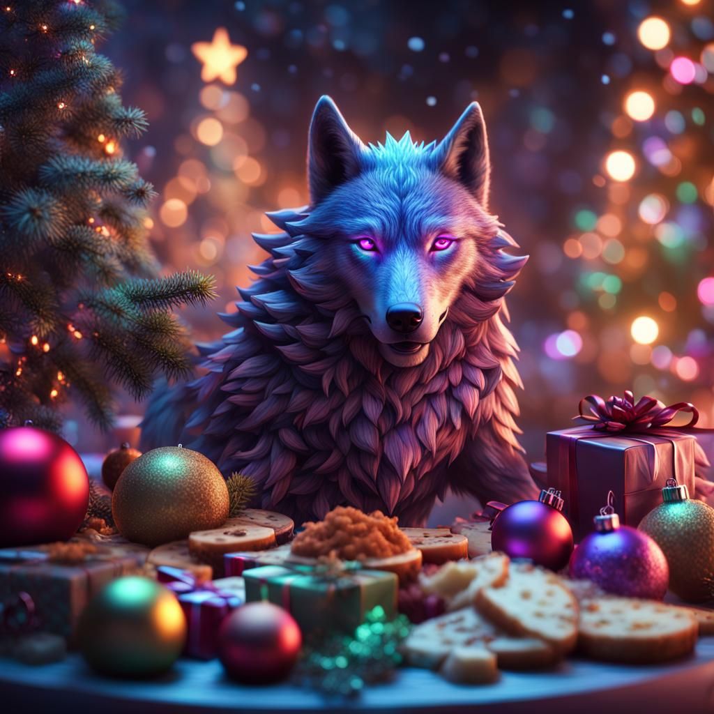Cyberpunk Winter Wonderland with a Mysterious Christmas Wolf