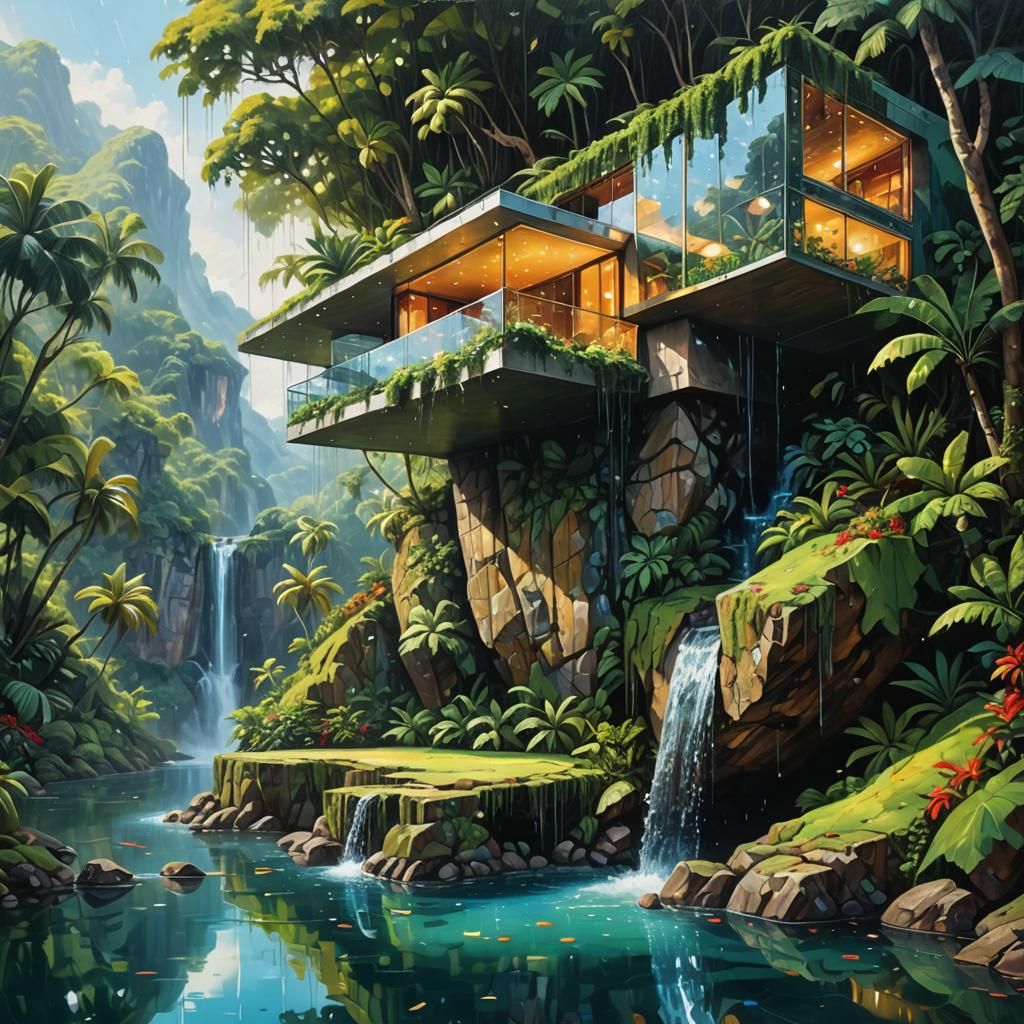 A Dramatic Oil Painting of a Cliffside House at Dawn