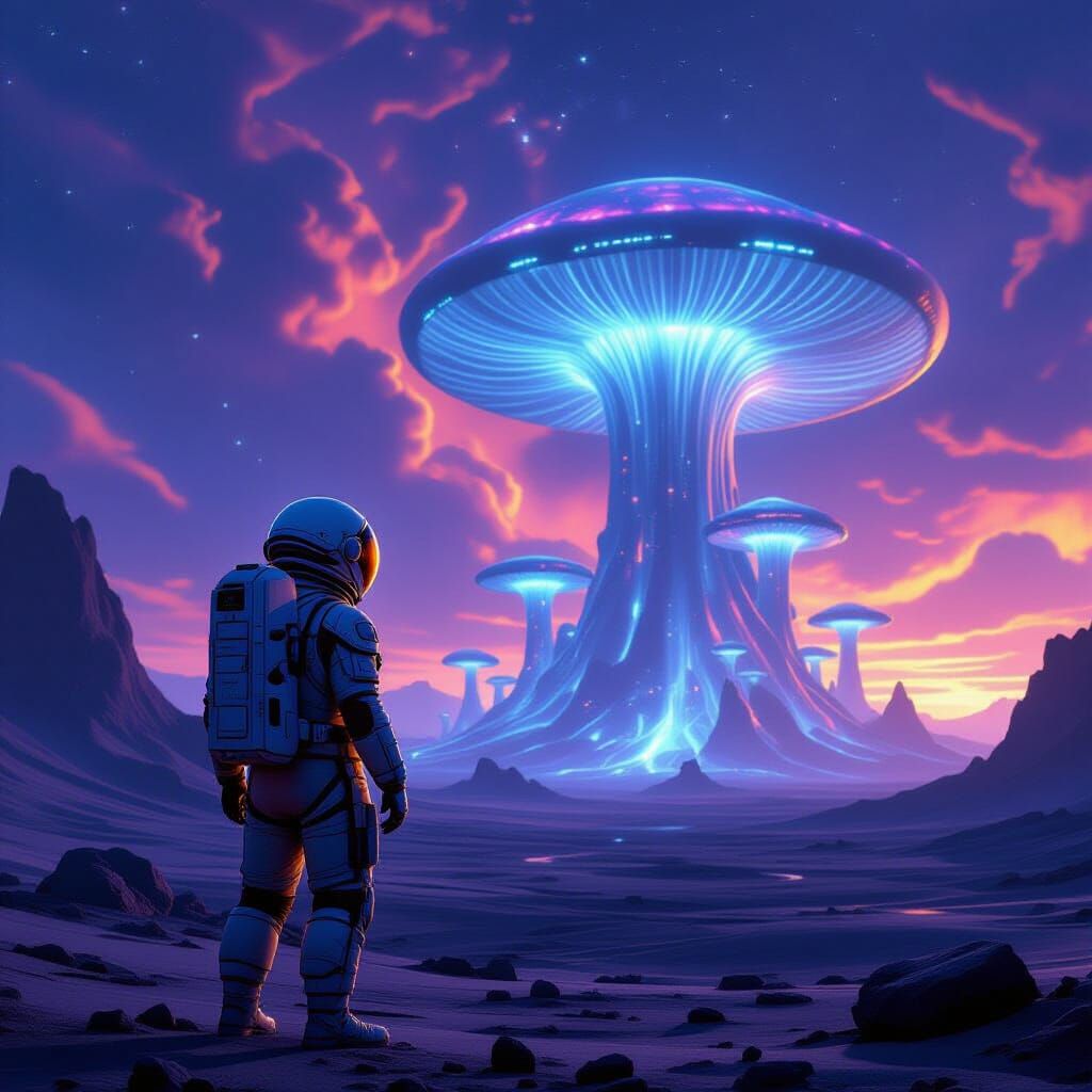 Astronaut on Alien Planet Amidst Bioluminescent Forest