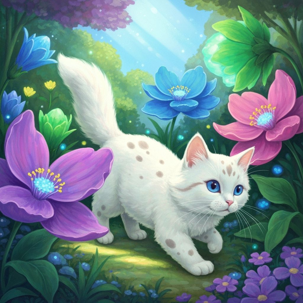 White Spotted Kitten's Magical Floral Adventure in Glowing G...