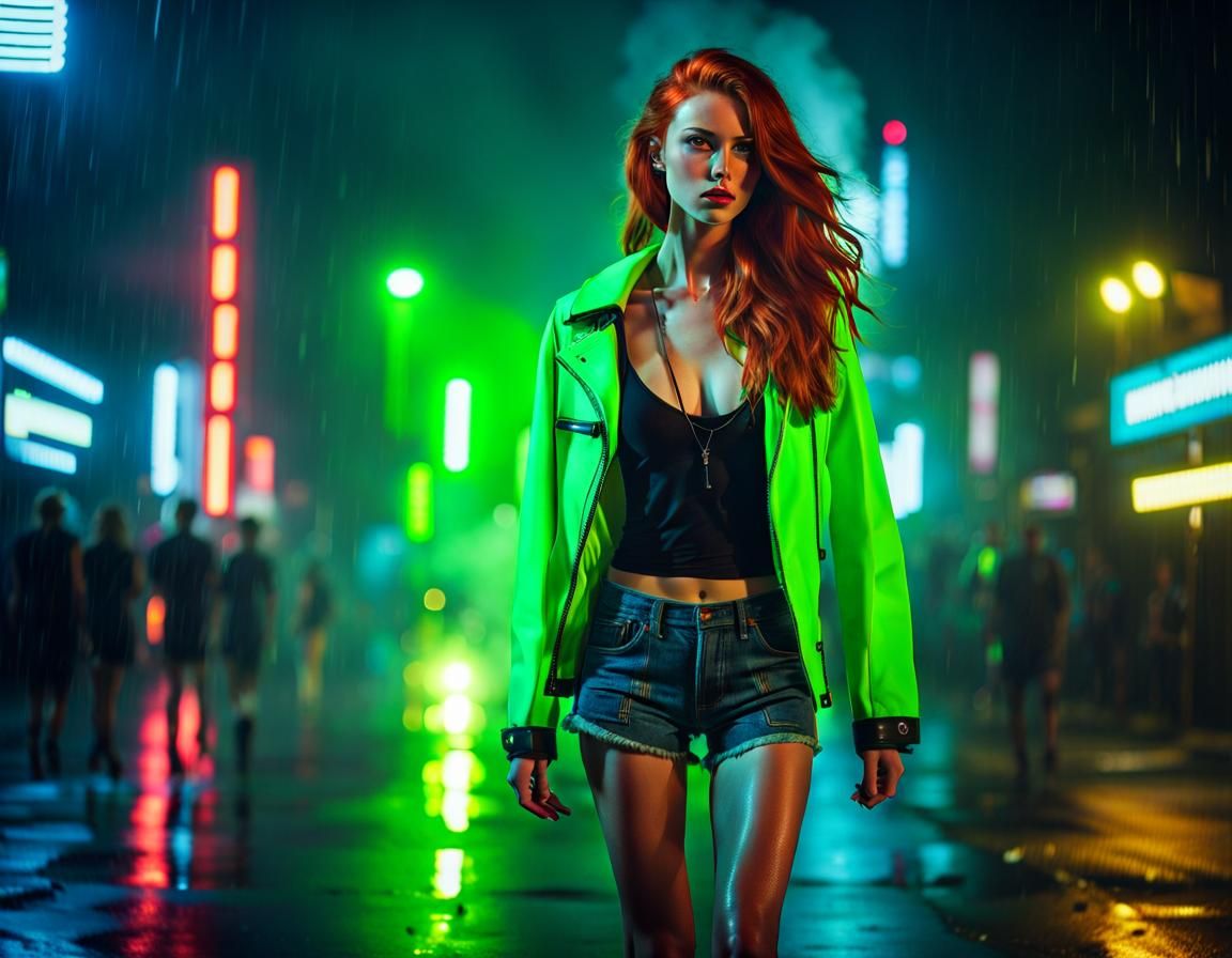 Cyberpunk Woman Walking on Rainy Street