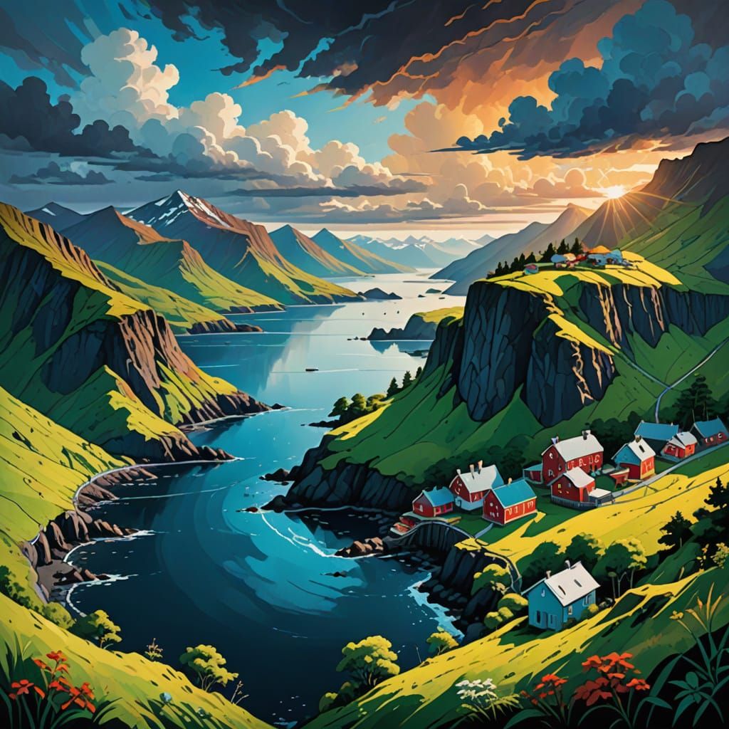 Vibrant Gouache Landscape Painting of Unalaska Village