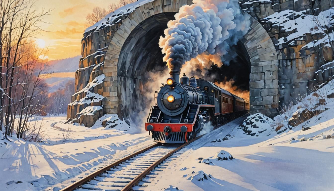 Cozy Winter Train Escapes Snowy Tunnel in Whimsical Watercol...