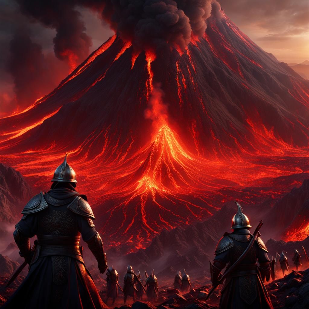 Surreal Volcano Inferno with Burning Byzantine Warriors
