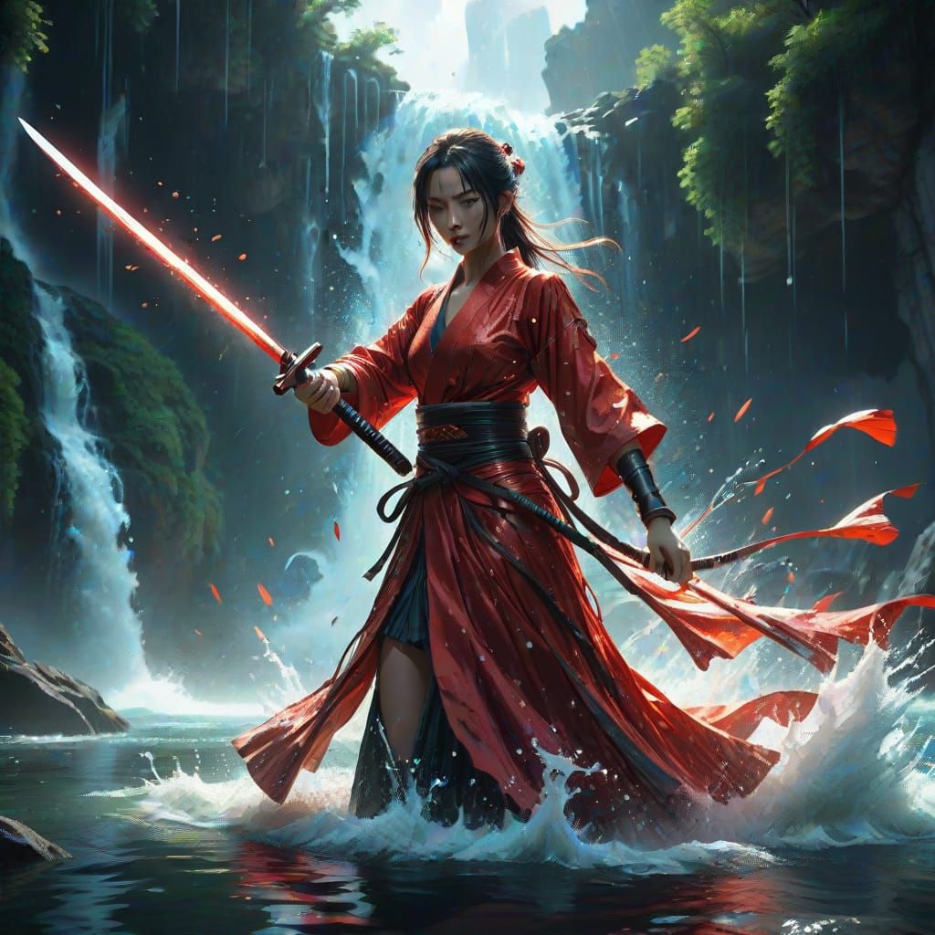 Determined Anime Warrior Goddess in Vibrant Red Dress