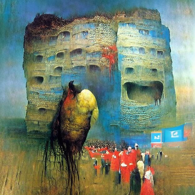 Apocalyptic City Consumes Desperate Marchers in Dark Surreal...