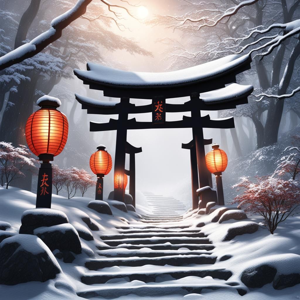A mystical torii gate blanketed in a layer of snow