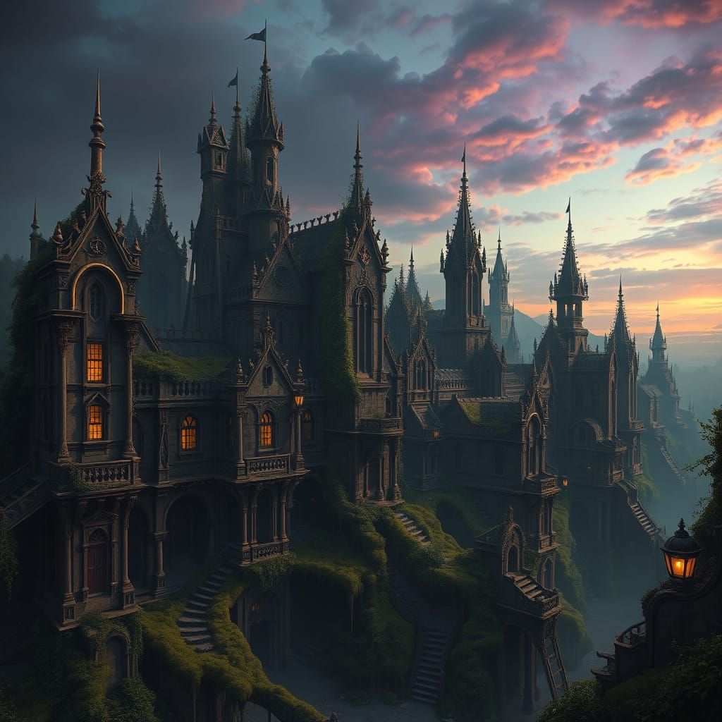 Ancient, Mystical Skeleton Townscape in Dreamlike, Gradient ...