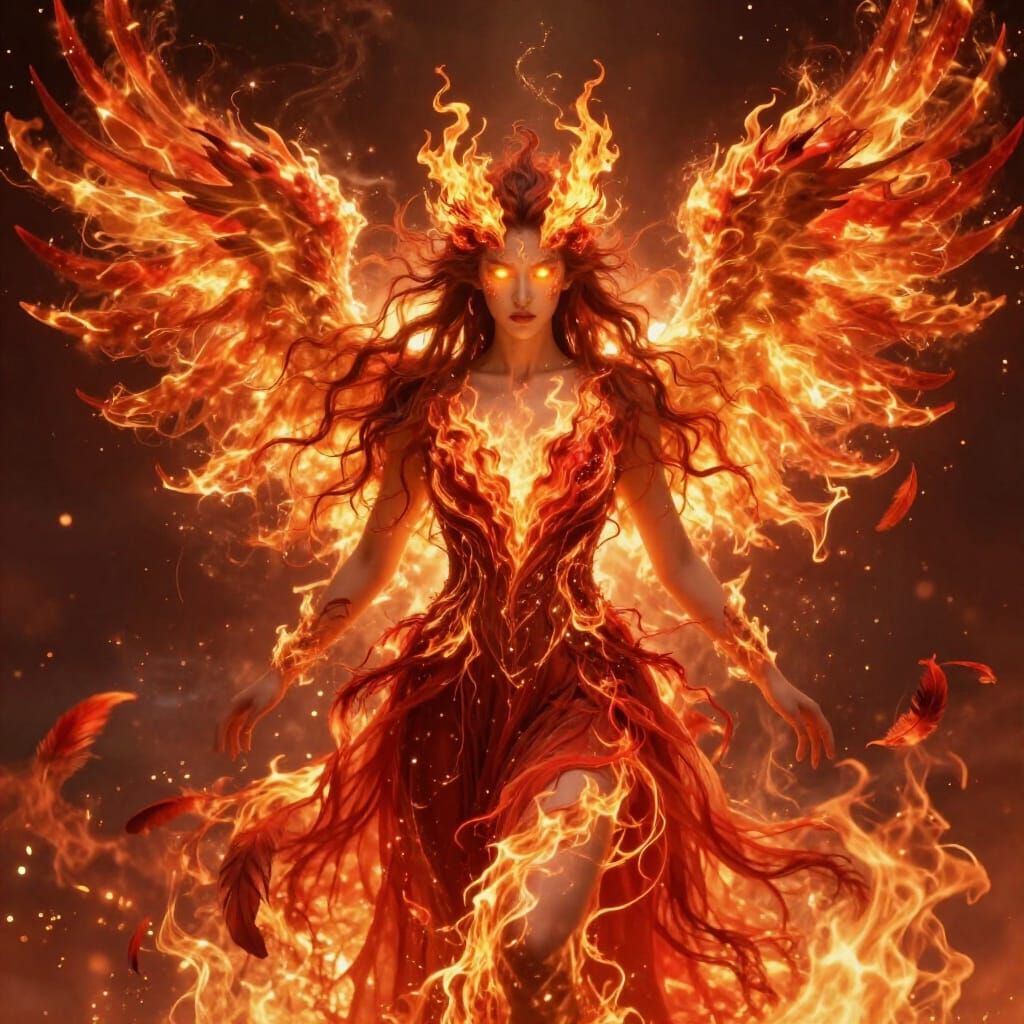 Phoenix Woman Sorceress with Fiery Dragon