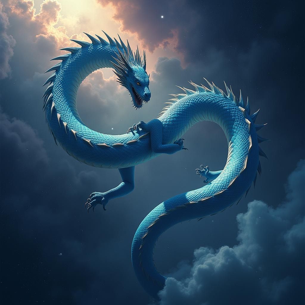 Ethereal Blue-Teal Dragon Glides through Nebulae