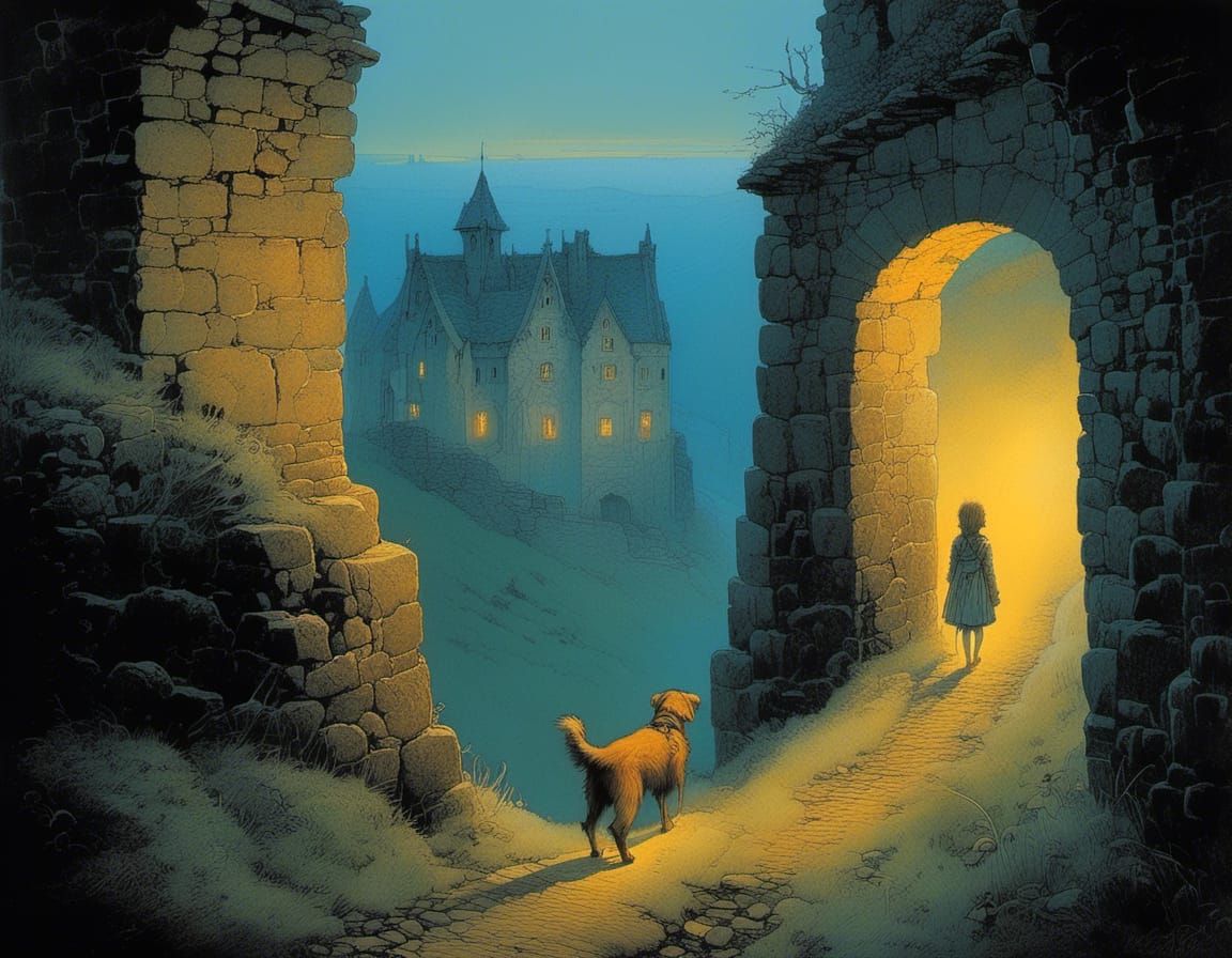 Misty Evening Landscape with Girl and Dog on a Scottish Hill...