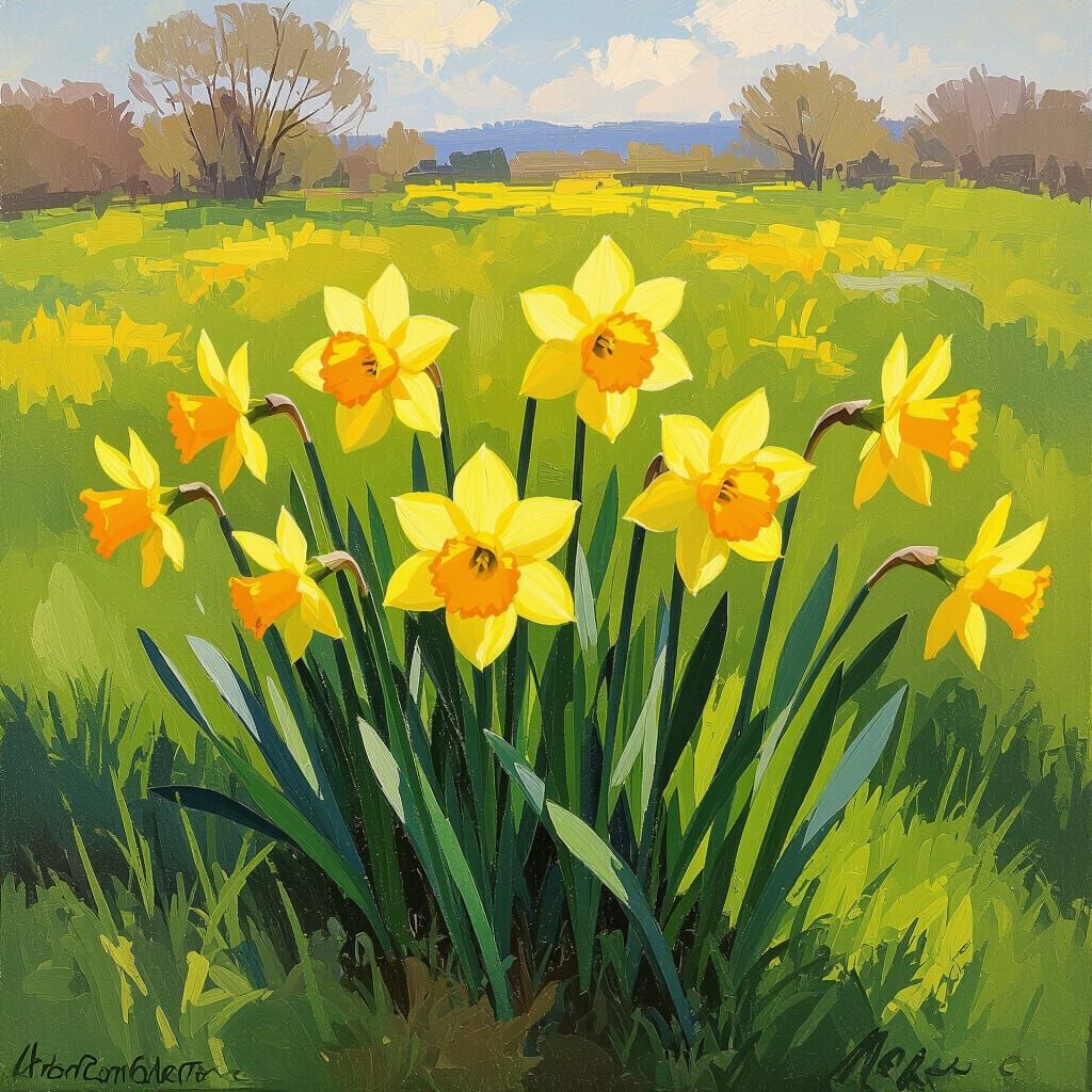Impressionistic Daffodils in a Sunny Field