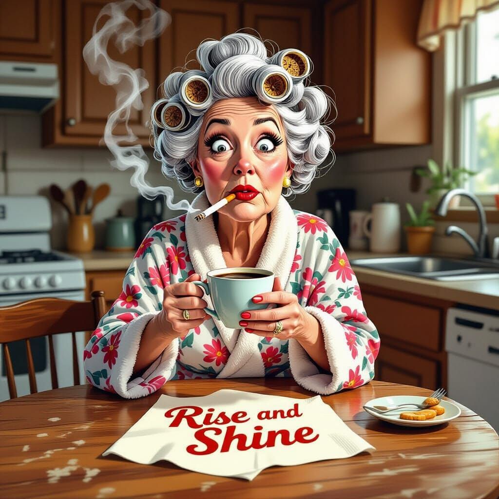 Elderly Woman in Robe with Coffee and Cigarette