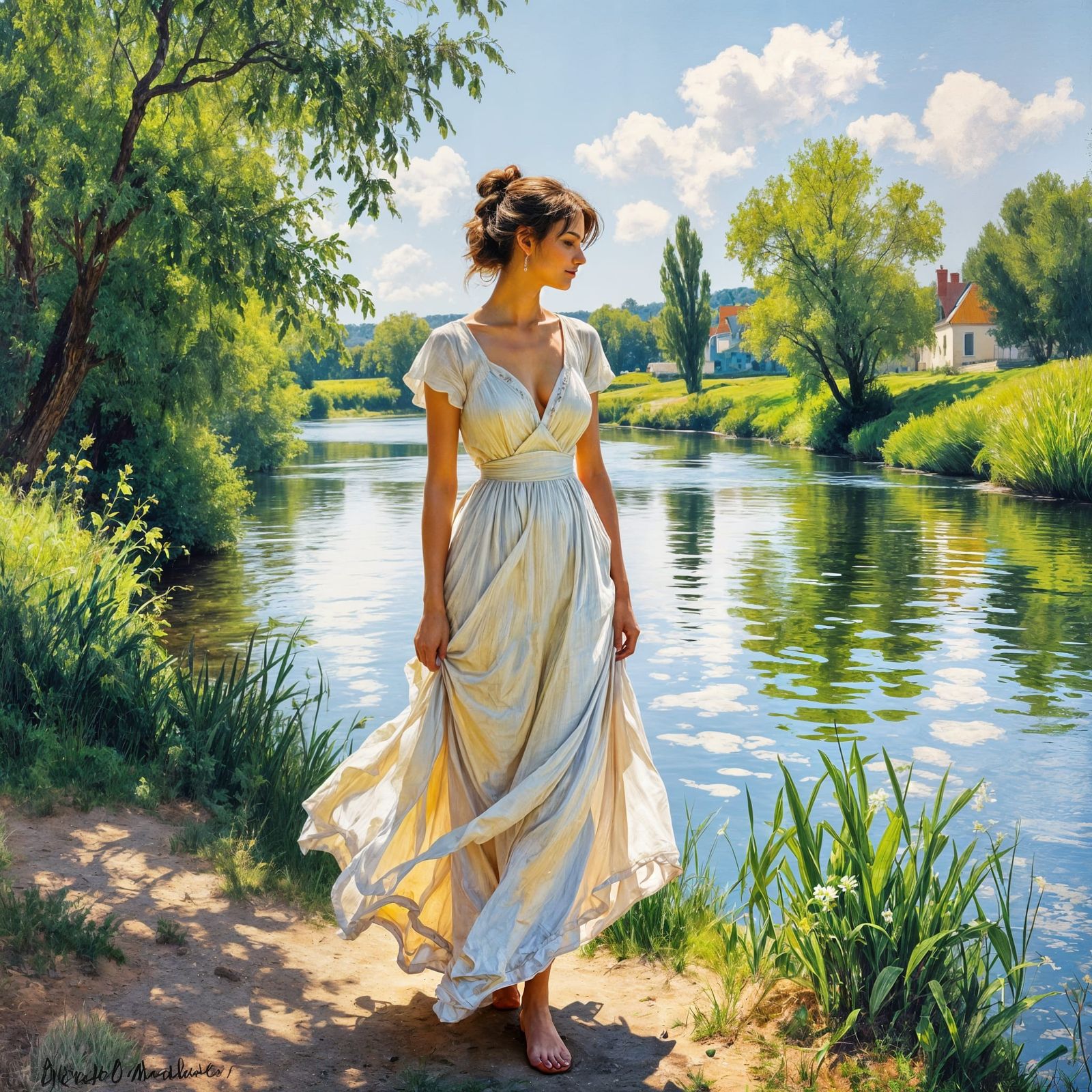 Woman in Sundress by River, in Impressionist Style
