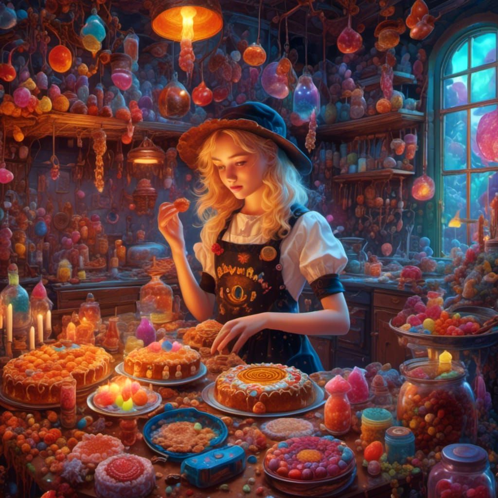 Hyperrealistic Fantasy Poster of Teenage Witch in Gingerbrea...