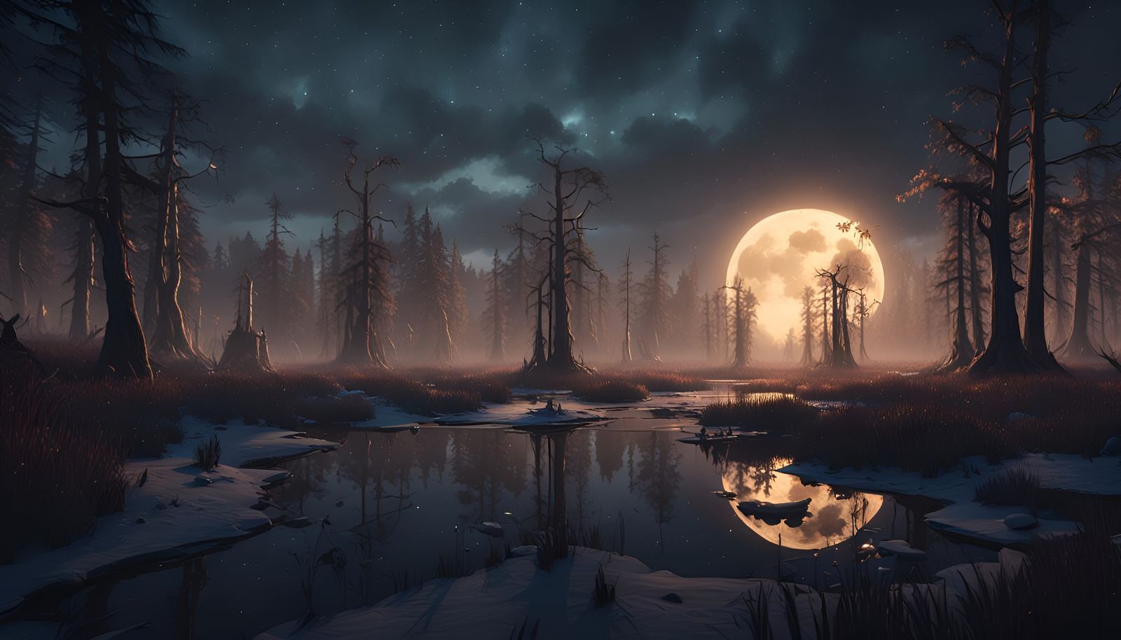 Epic 3D Swamp Landscape in Dark Winter Night