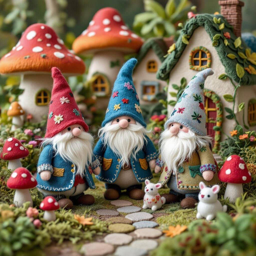 Enchanted Felted Gnome Village with Leafy Houses