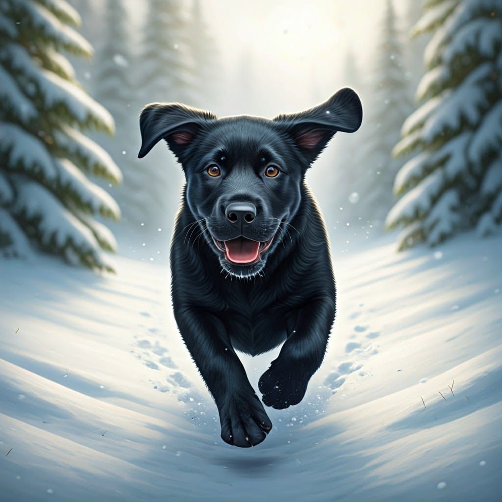 Joyful Black Labrador Puppy in Winter Wonderland