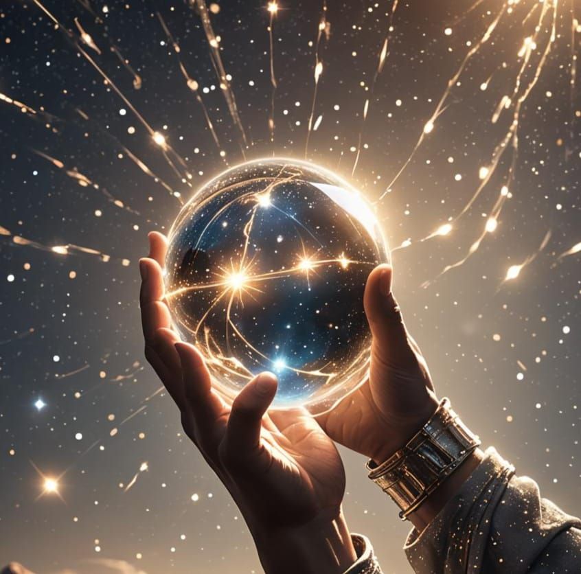 Hand Holding Ethereal Light, Stars Shining Through Fingers