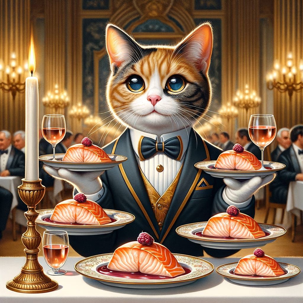 Calico Cat Waiter Juggles Salmon and Wine in Palace
