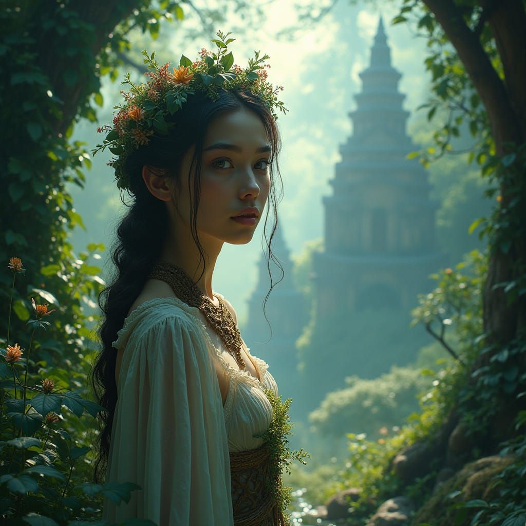 Young Woman Amidst Mystical Landscape