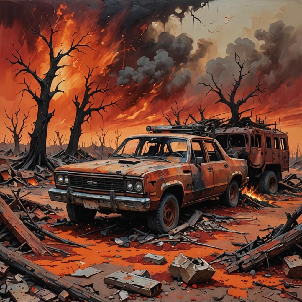 Surrealistic Dystopian Wasteland in Vibrant Oil Painting Sty...