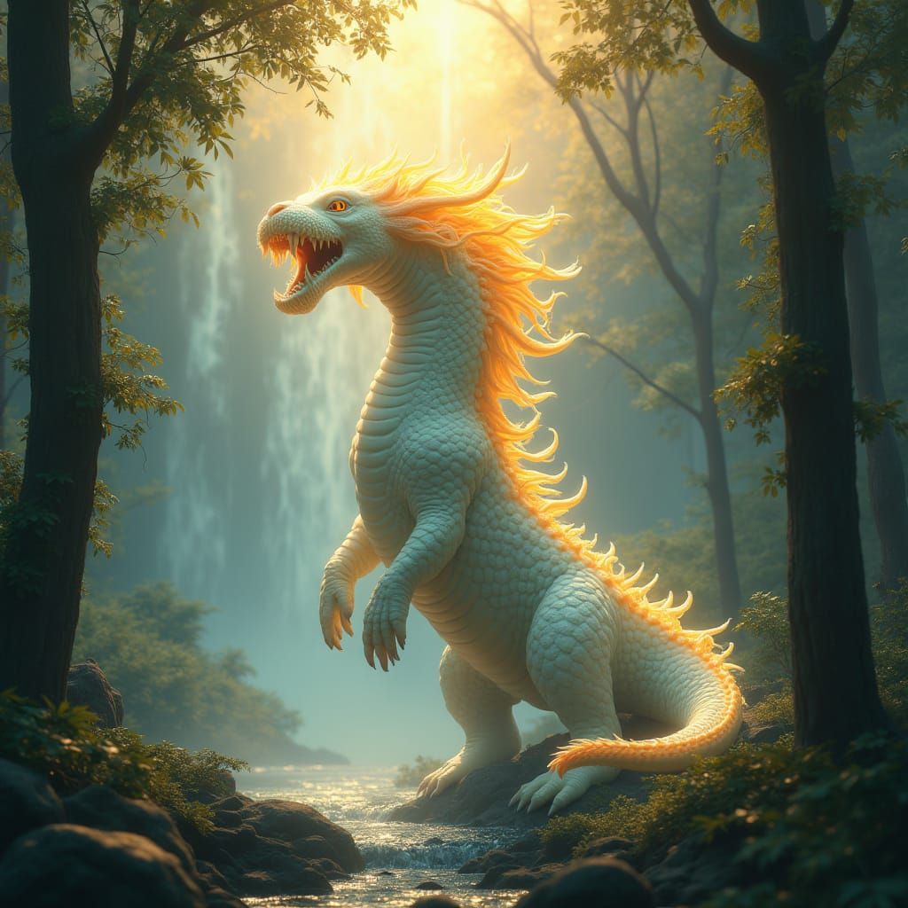 Surreal Dragon Emerge from Mystical Forest in Art Nouveau St...
