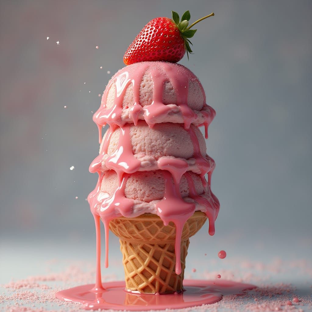 Hyperrealistic Ice Cream Tower with Strawberry Topping
