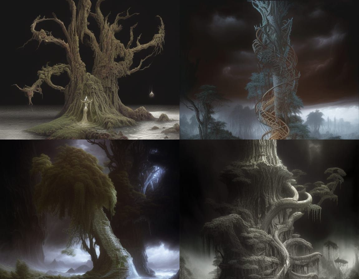 Ethereal Spiral Tower Emerging from Lost Forest Mist