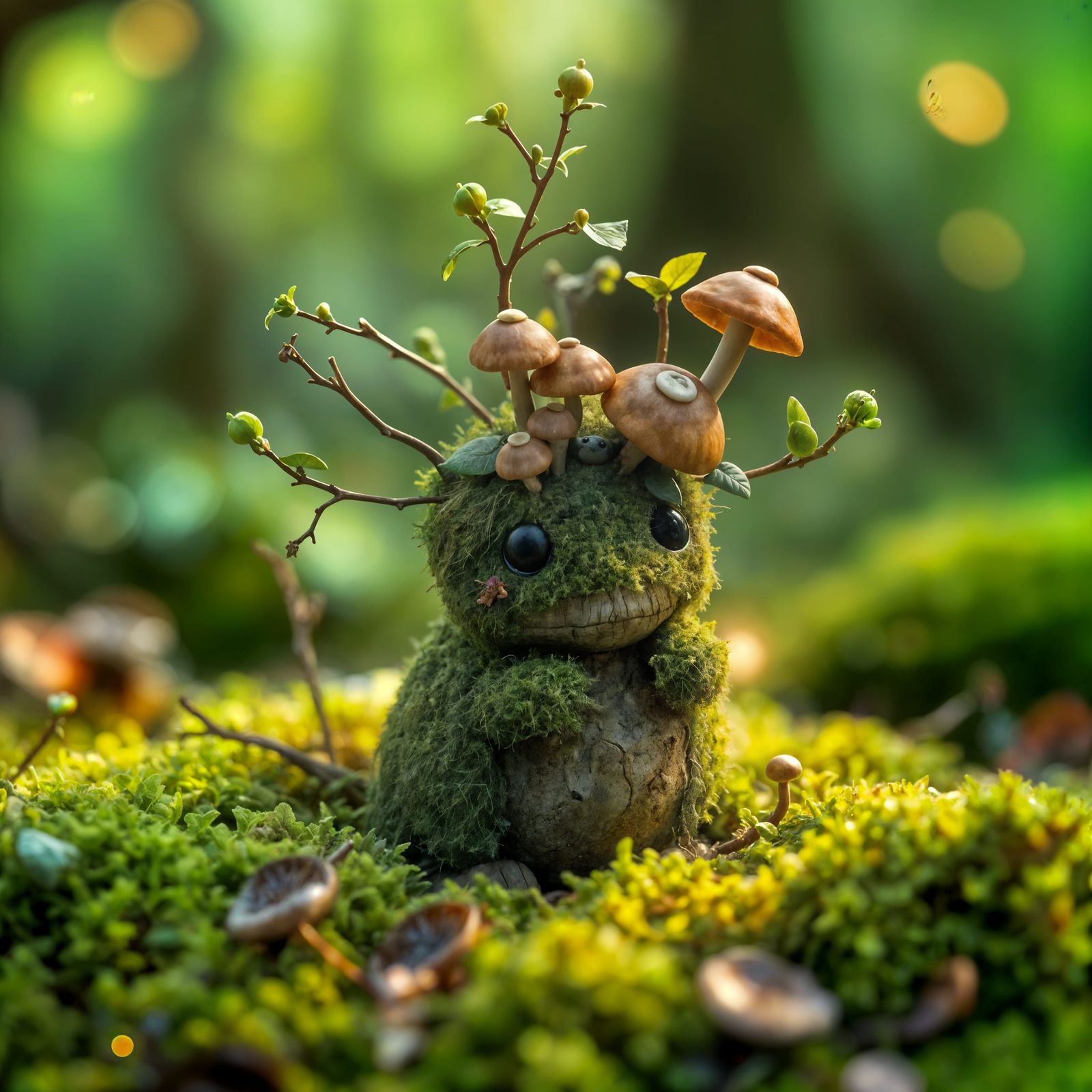 Adorable Moss Creature with Mushroom Hat in Fairy Forest