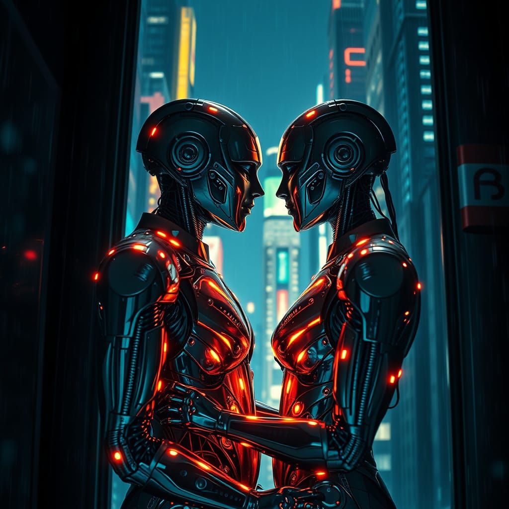 Android Lovers Embrace in Cyberpunk Metropolis