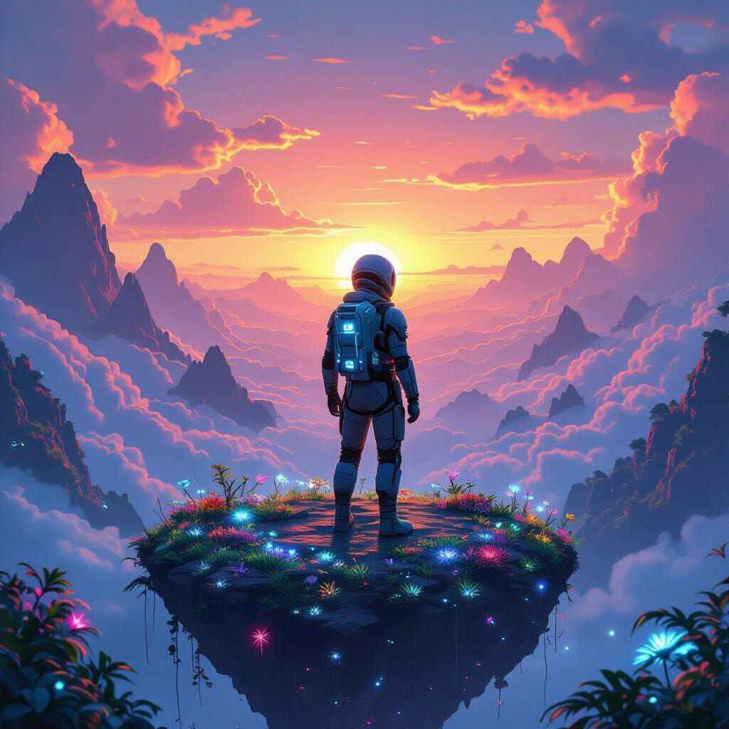 Explorer Gazing at Alien Sunset, Digital Art