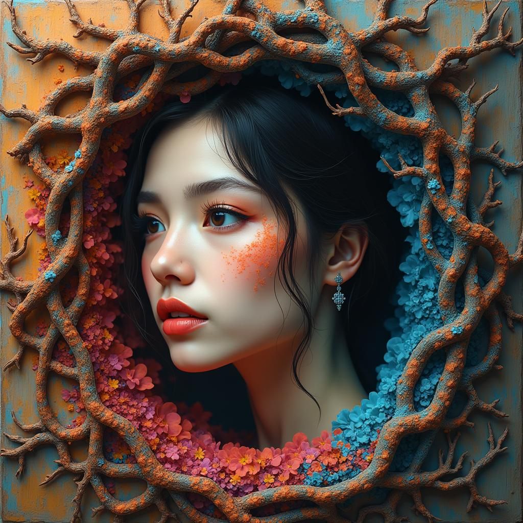 A Hyperrealistic Portrait in a Tree Root Frame