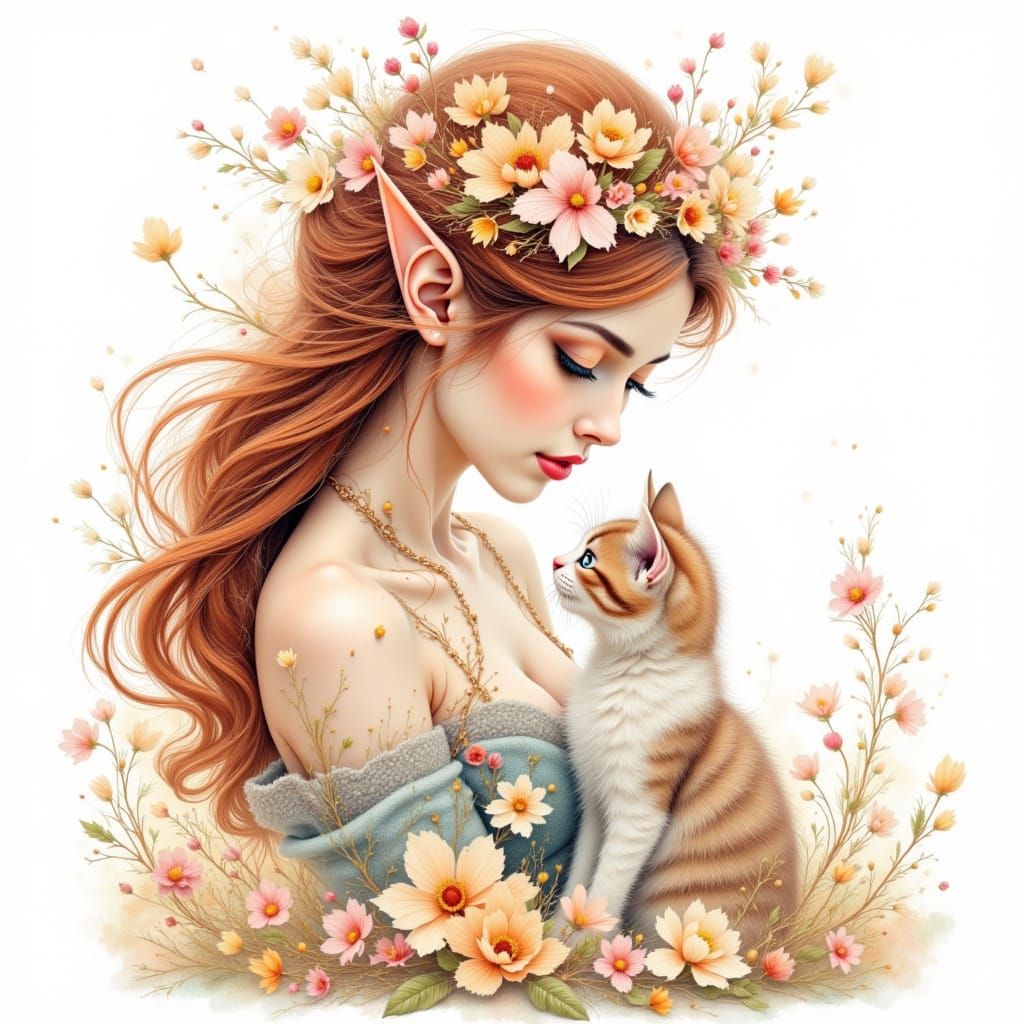 Elegant Elf Woman With Kitten in Autumnal Watercolor