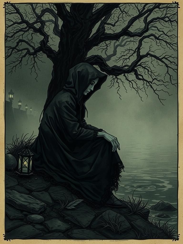 Mysterious Witch by Midnight River in Dark Comic Book Style