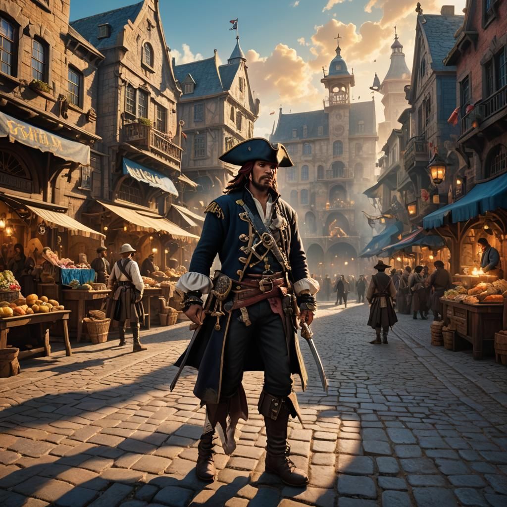 Fantasy Town Square Scene with Pirate Friend and Joel