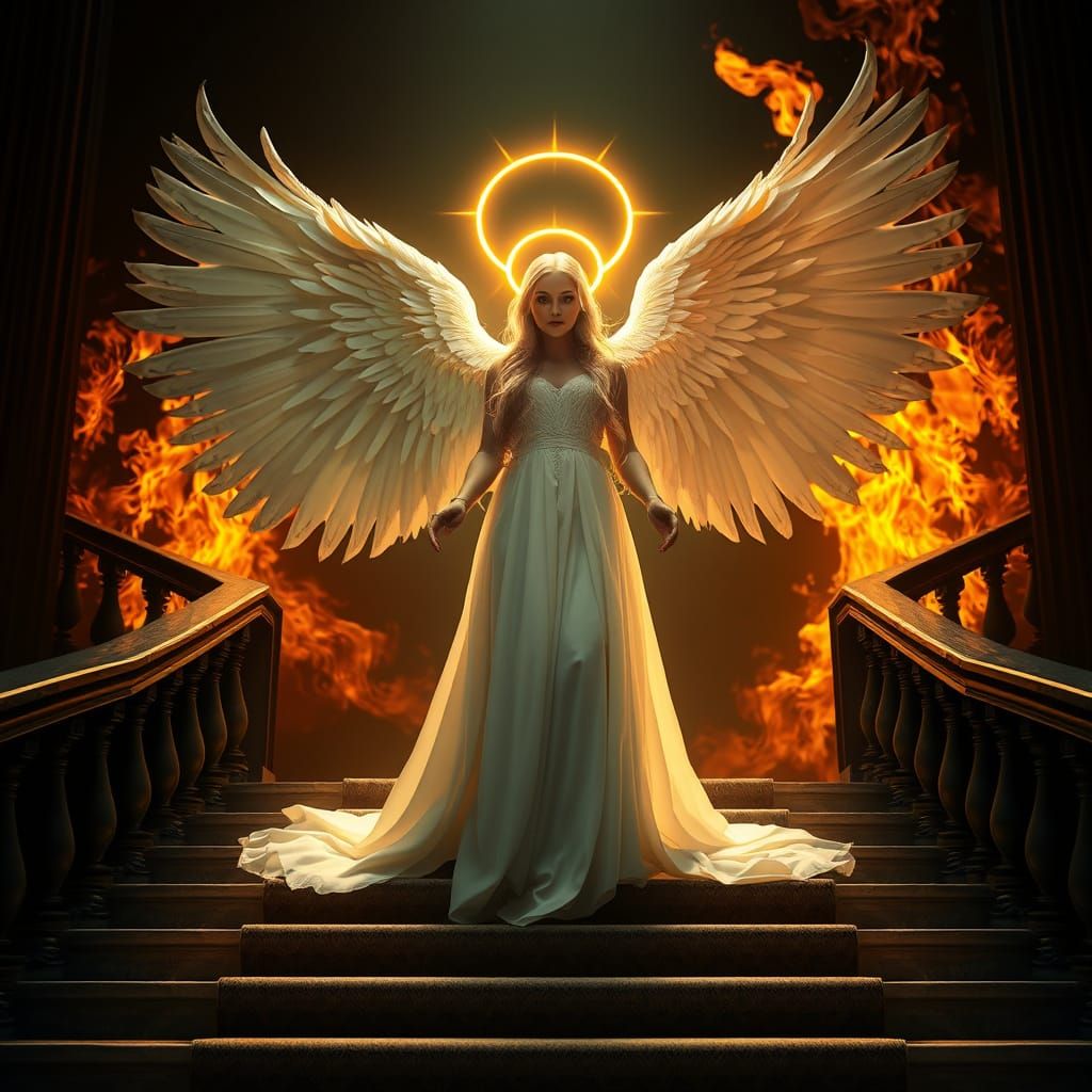 Majestic Angel in Fiery Halo, Set Against Dark Staircase