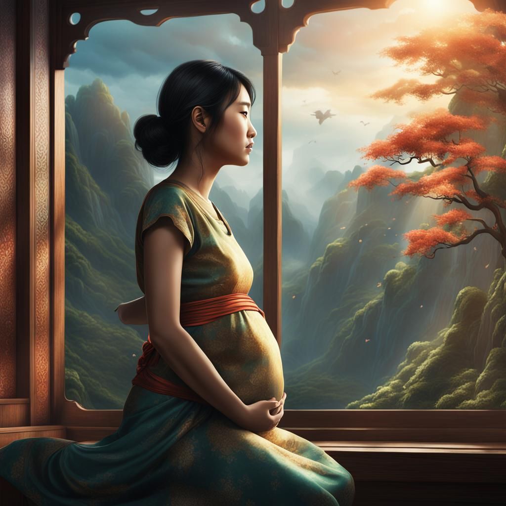 Serene Expectant Mother in a Fantastical Landscape