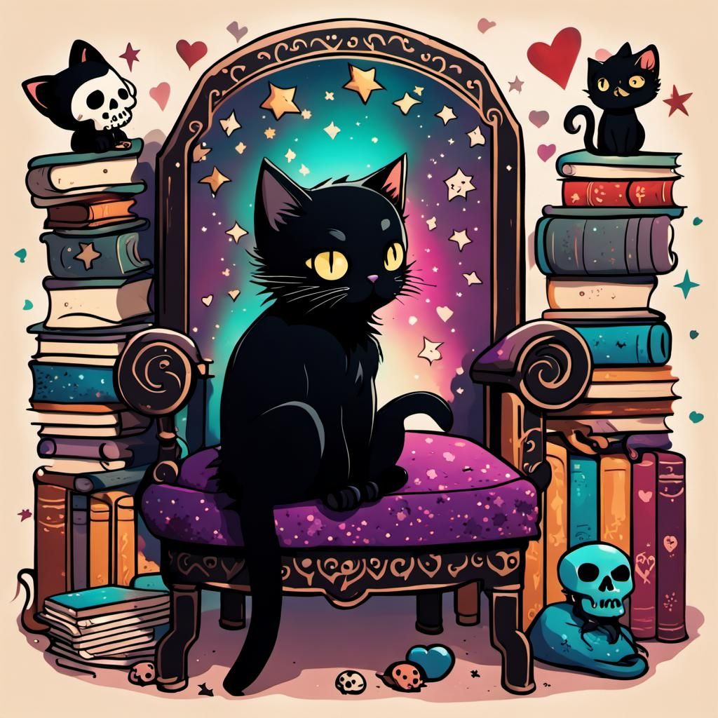 Whimsical Chibi Cat in a Vintage Bookish Lair