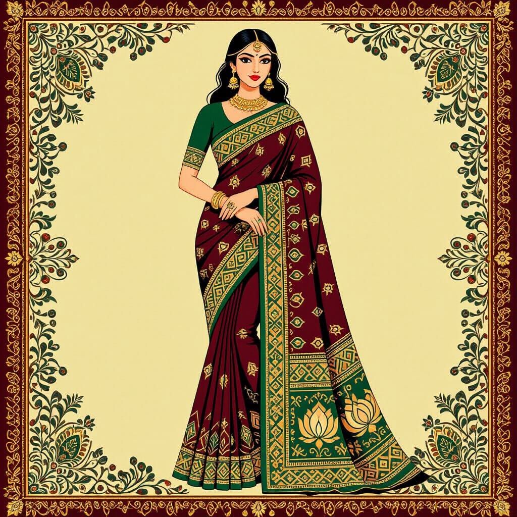 Elegant Saree Border with Paisley, Lotus, and Peacock Motifs