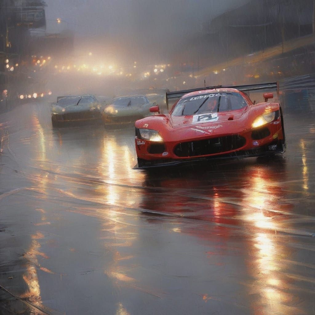 A digital painting depicting a high-speed NASCAR race on a r...