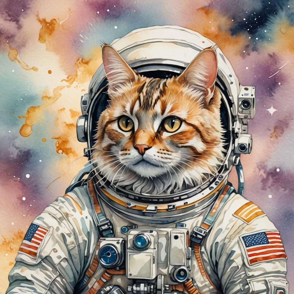 Whimsical Portrait of Astronaut and Feline Companion