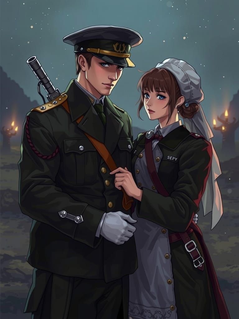 Poignant Embrace in Battle-Scarred Landscape: Manga Style