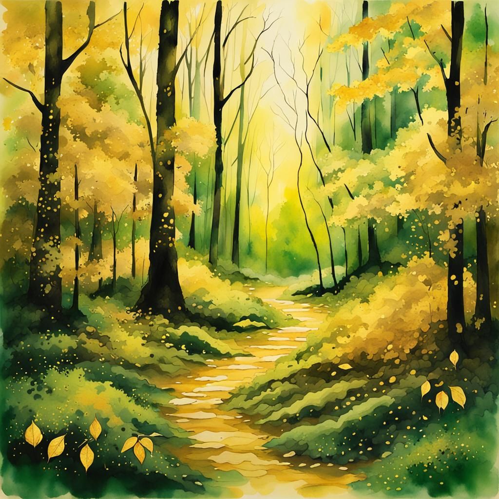 Golden Forest Dreamscape in Watercolor Style