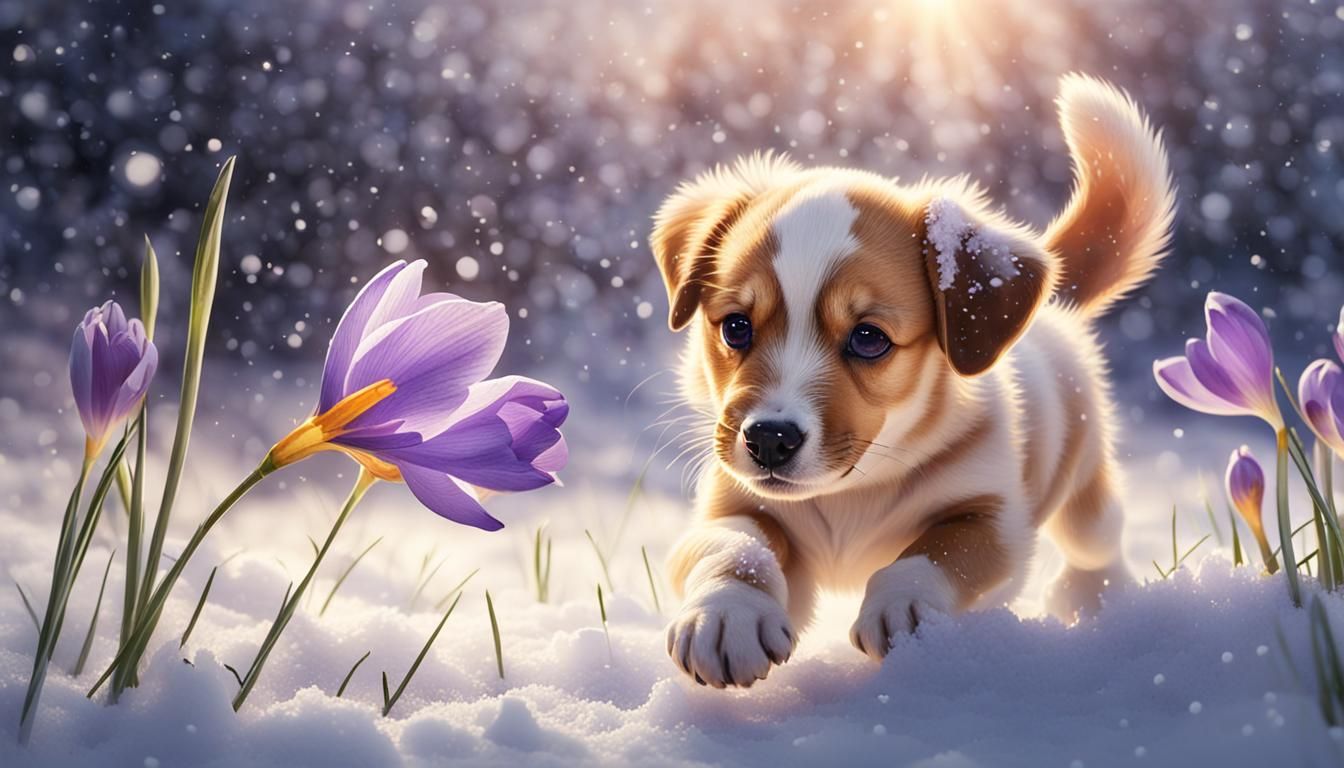 Joyful Puppy Discovers First Spring Bloom in Snowy Scene