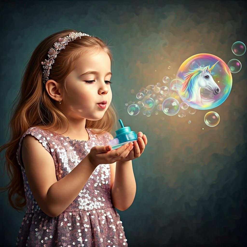 Girl Blowing Bubbles Reveals Rainbow Unicorn Painting