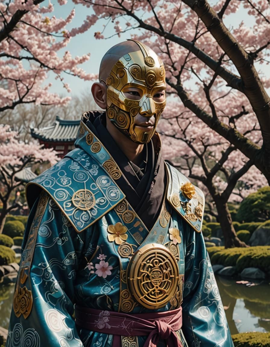 Cybernetic Monk Finds Serenity in Futuristic Garden