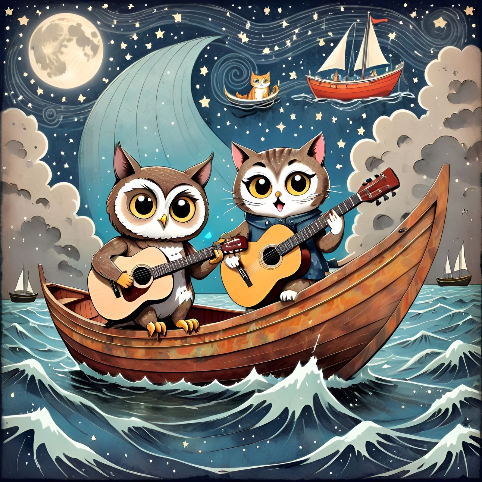 Grunge Owl and P*ssycat Rock Out at Sea in Vintage Poster St...